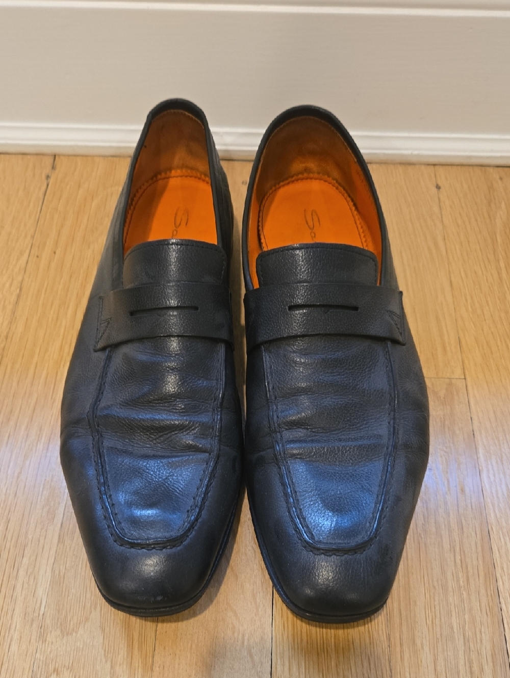Black Santoni Leather Penny Loafers - Men